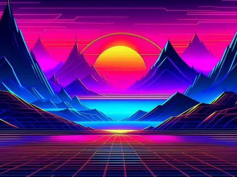 Vibrant Retro Futuristic Neon Landscape at Sunset