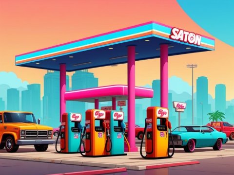 Vibrant Retro Gas Station with Classic Cars at Sunset