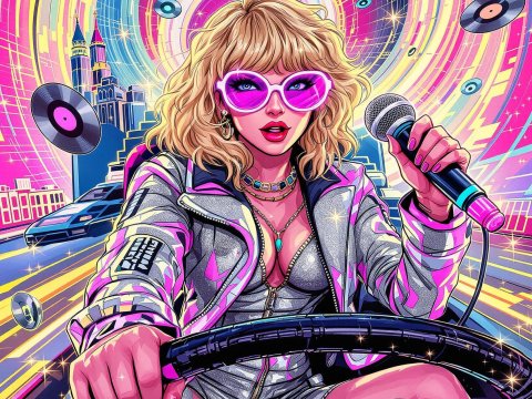 Vibrant Retro Pop Star Driving with Microphone