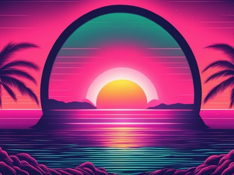 Vibrant Retro Sunset Over Ocean with Palm Trees