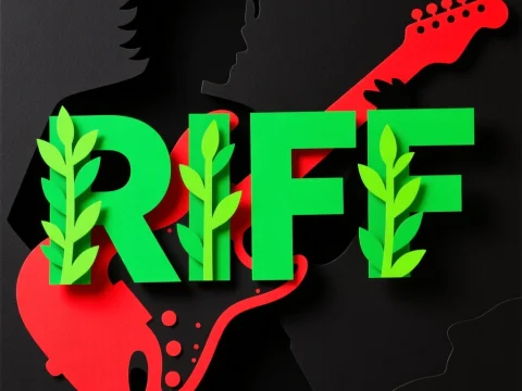 Vibrant Riff Guitar Silhouette with Green Leafy Text