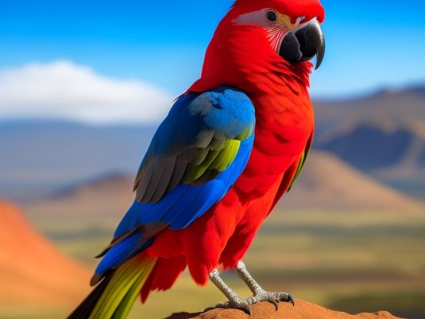 Vibrant Scarlet Macaw Perched in Natural Landscape