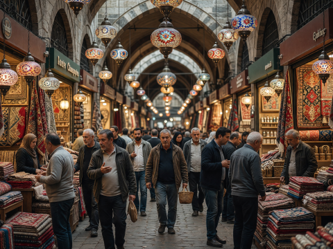 Vibrant Scene at Istanbul's Grand Bazaar with Traditional Carpets
