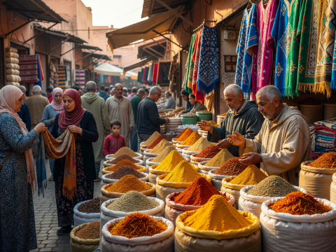 Vibrant Spice Market in Morocco with Colorful Textiles