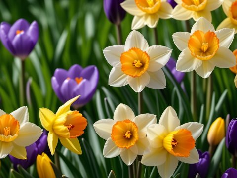 Vibrant Spring Daffodils and Purple Tulips in Bloom