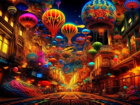Vibrant Street with Floating Colorful Jellyfish Lanterns