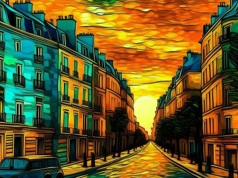 Vibrant Sunset Over a City Street in Artistic Style