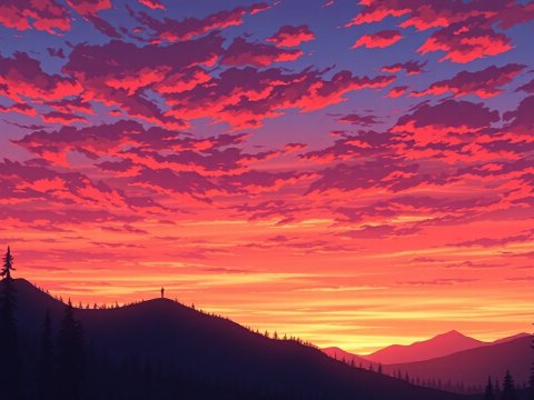 Vibrant Sunset Over Mountain Silhouettes