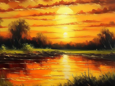 Vibrant Sunset Over Serene River Landscape