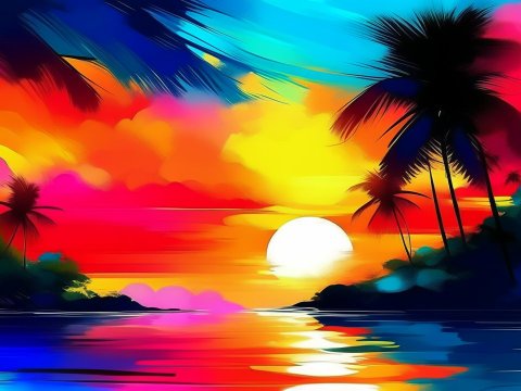 Vibrant Tropical Sunset with Palm Silhouettes