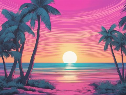 Vibrant Tropical Sunset with Palm Trees