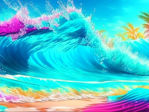 Vibrant Tropical Wave with Palm Trees in Bright Colors