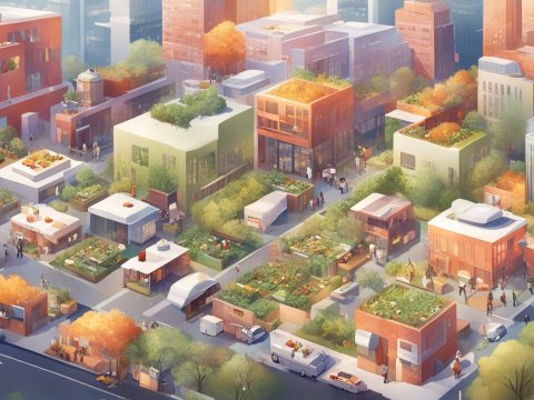 Vibrant Urban Community with Rooftop Gardens in Digital Art