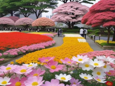 Vibrant Urban Flower Garden with Colorful Trees and Walkways