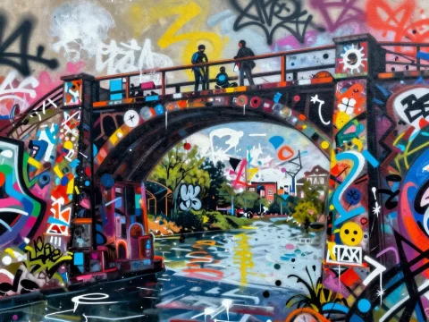 Vibrant Urban Graffiti on Bridge Over Waterway