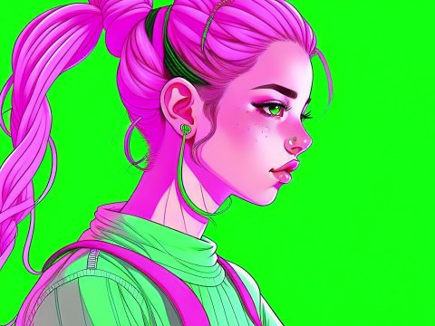 Vibrant Vaporwave Girl with Pink High Pigtails
