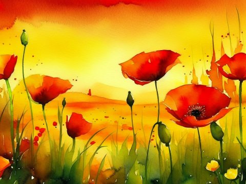 Vibrant Watercolor Poppy Field at Sunset