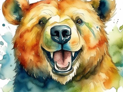 Vibrant Watercolor Portrait of a Happy Bear