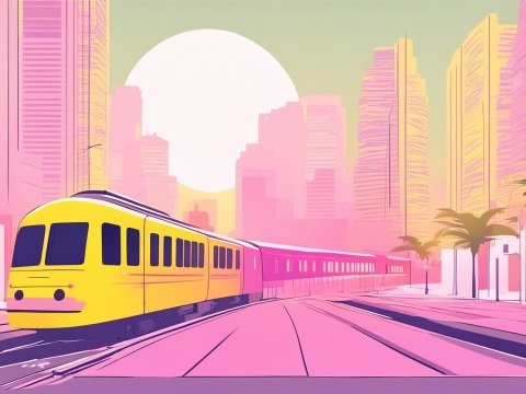 Vibrant Yellow Train in a Pink Cityscape at Sunset