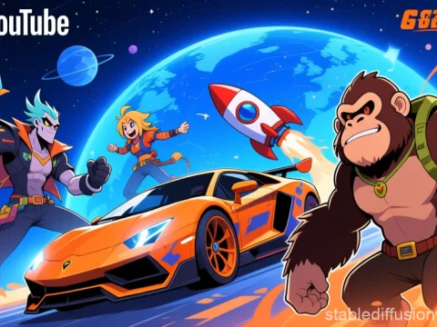 Vibrant YouTube Banner with Cartoon Characters and Space Theme