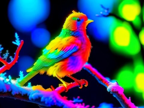 Vibrantly Colored Bird on Snowy Branch with Neon Background