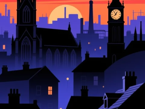 Victorian City Silhouette at Sunset