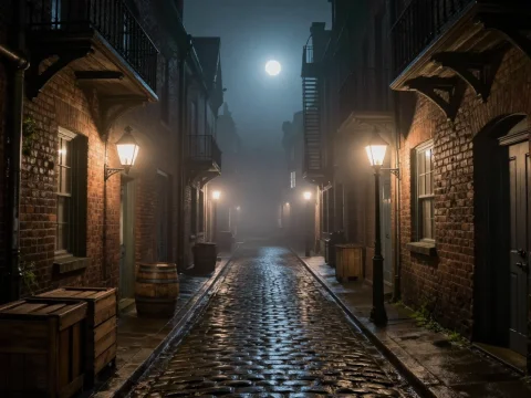 Victorian Cobblestone Street at Night with Moonlight