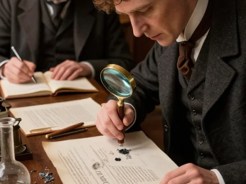 Victorian Detective Examining Document with Magnifying Glass
