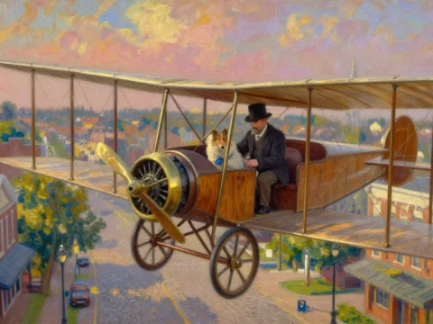 Victorian Era Biplane Flight with Man and Dog