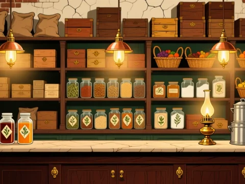 Victorian Era Grocery Store Counter with Jars and Baskets