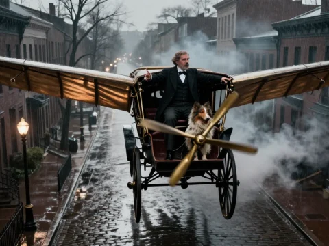Victorian Flying Carriage with Man and Dog on Rainy Street