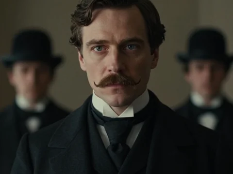 Victorian Gentleman with Distinctive Mustache and Attendants