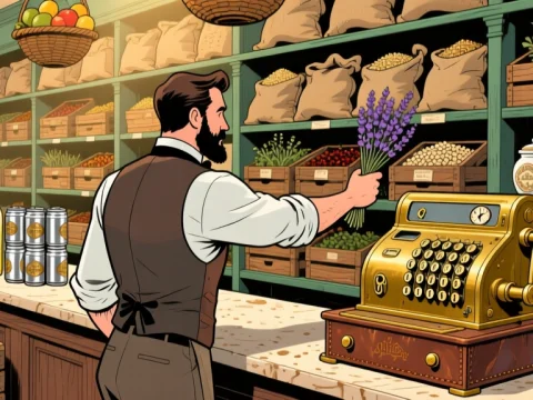 Victorian Grocery Store Clerk Holding Lavender Bouquet