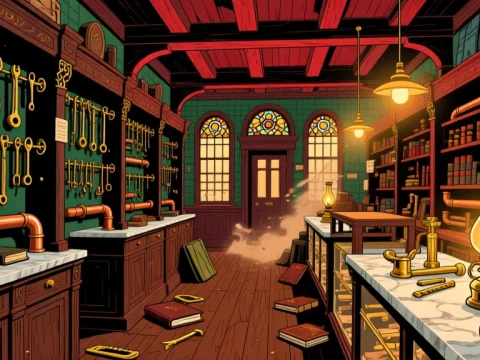 Victorian Hardware Store Interior with Tools and Books