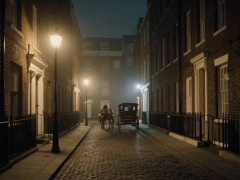 Victorian London Night Street with Horse Carriage