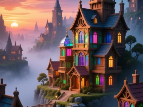 Victorian Miniature City at Twilight with Stained Glass Windows