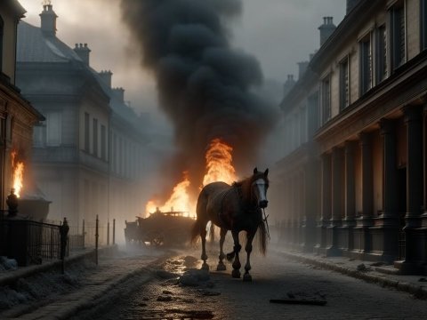 Victorian Street with Burning Carriage and Horse
