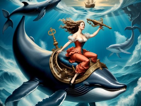Victorian Woman Riding a Whale in a Surreal Ocean Scene
