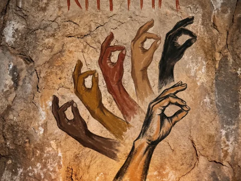 Victory Rhythm African Cave Mural with Diverse Hands