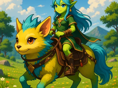 Viera Character Riding a Cute Fantasy Creature