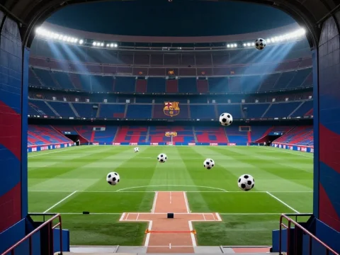 View from Barcelona Stadium Tunnel to Pitch with Floating Soccer Balls