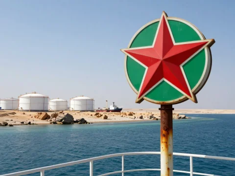 View from Ship Deck with Red Star Marker and Coastal Storage Tanks