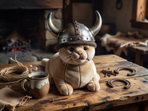 Viking Helmeted Plush Cat on Table