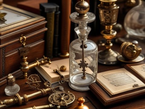Vintage Alchemy and Exploration Tools on Wooden Desk