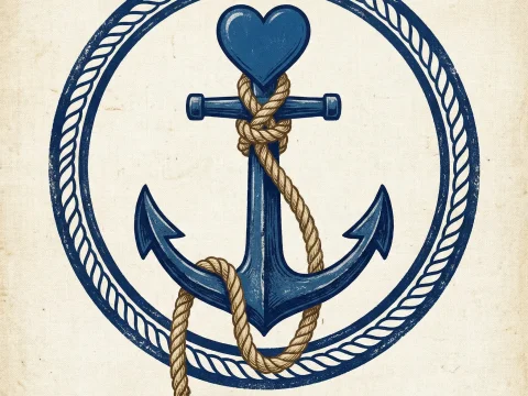 Vintage Blue Anchor with Heart and Rope Emblem