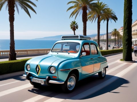 Vintage Blue Car on Coastal Palm-Lined Road