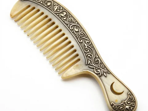 Vintage Bone Comb with Ornate Silver Inlay and Crescent Moon
