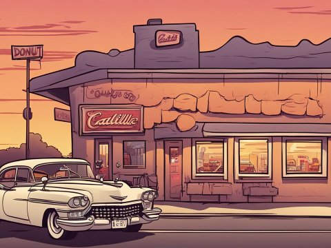 Vintage Cadillac Outside Donut Shop at Sunset