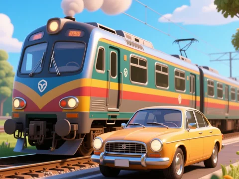 Vintage Car and Train on Sunny Day