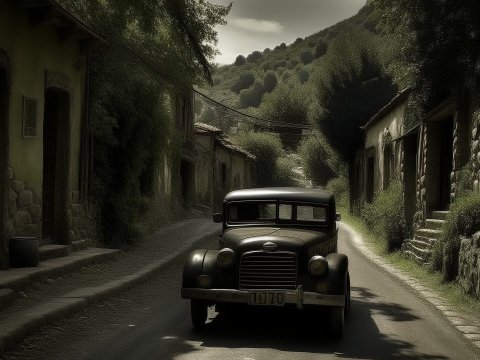 Vintage Car on a Quiet Village Road